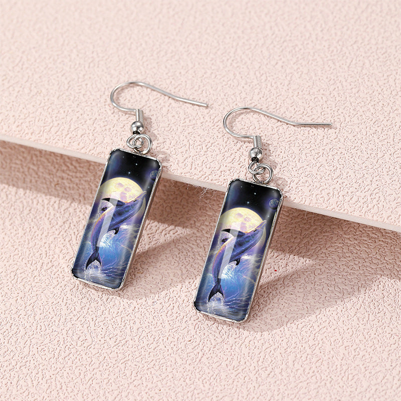Wholesale Dolphin Time Gemstone Rectangular Glass Earrings