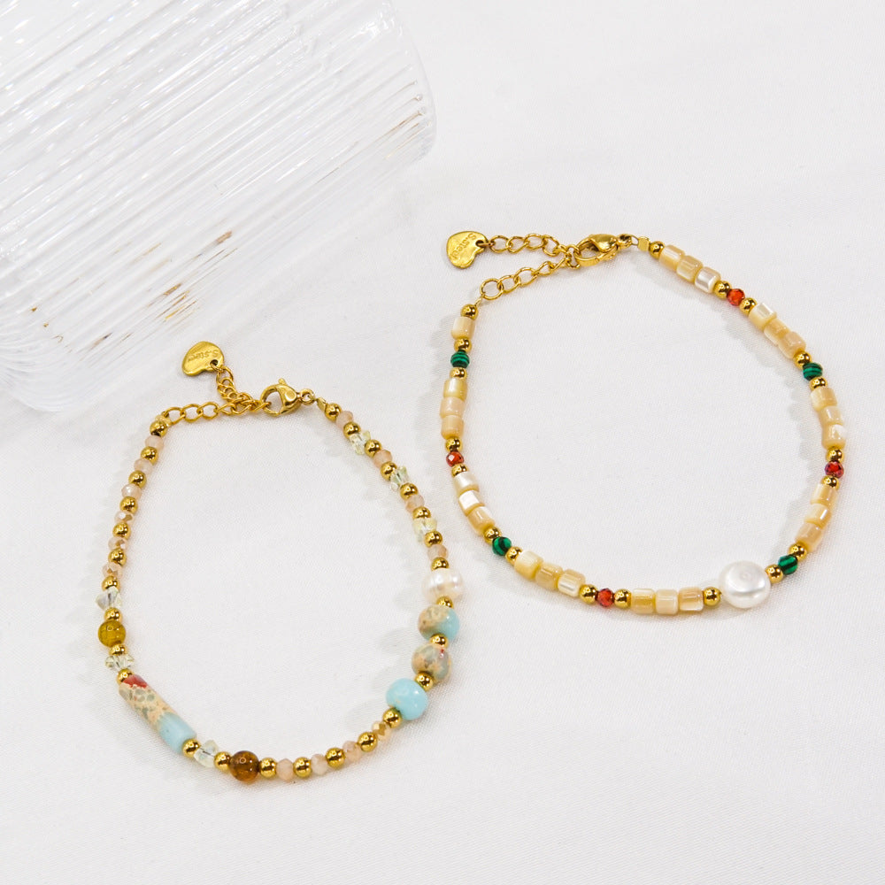 Wholesale Beaded titanium steel natural stone pearl crystal high-end non-fading hand jewelry