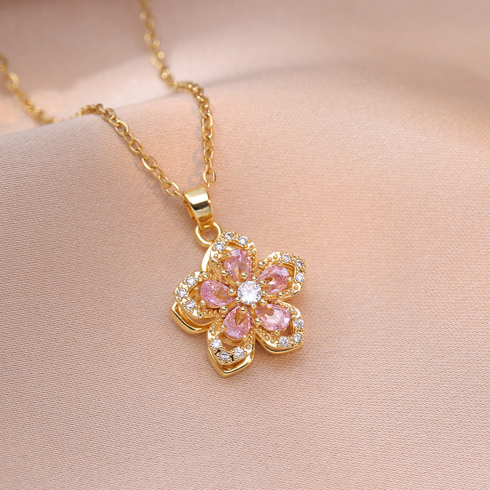Wholesale Necklace rotating bauhinia zircon flower pendant temperament titanium steel necklace