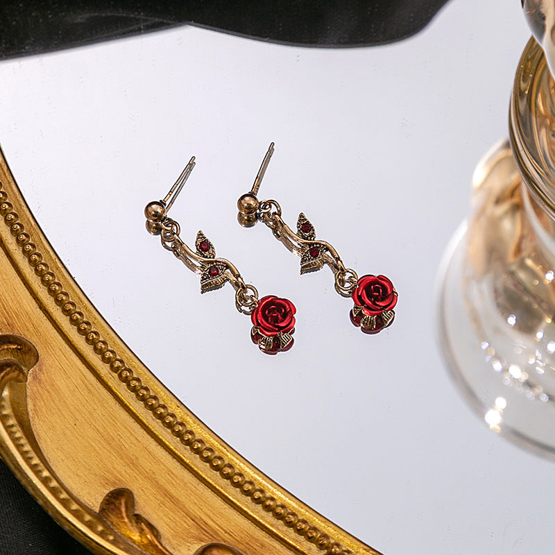 Wholesale Girl Mori Rose Earrings Vintage Romantic Red Flower Necklace suit