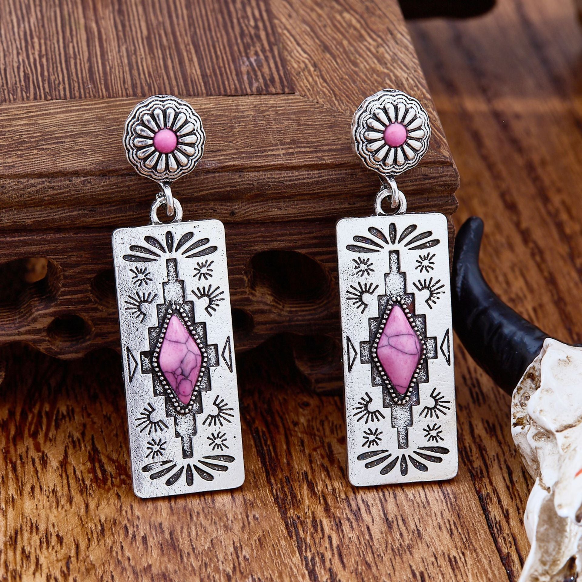 Wholesale Retro Western-style earrings rectangular patterned earrings inlaid  stones