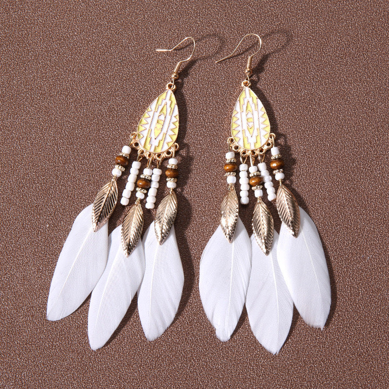Wholesale Water Drop Tassel Feather Long Bohemian Rice Bead Earrings