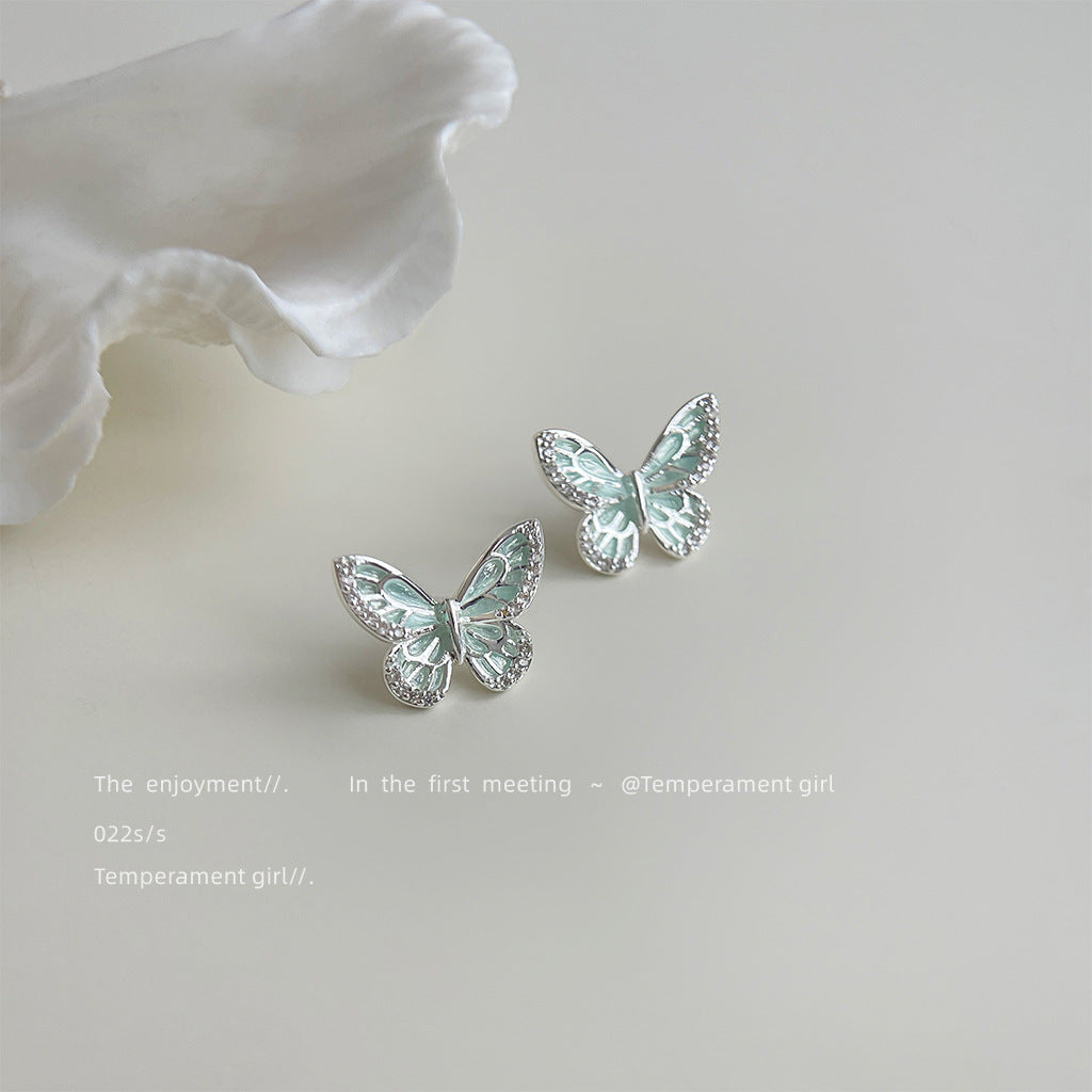 Wholesale Micro inlaid zircon mint green silver needle butterfly earrings