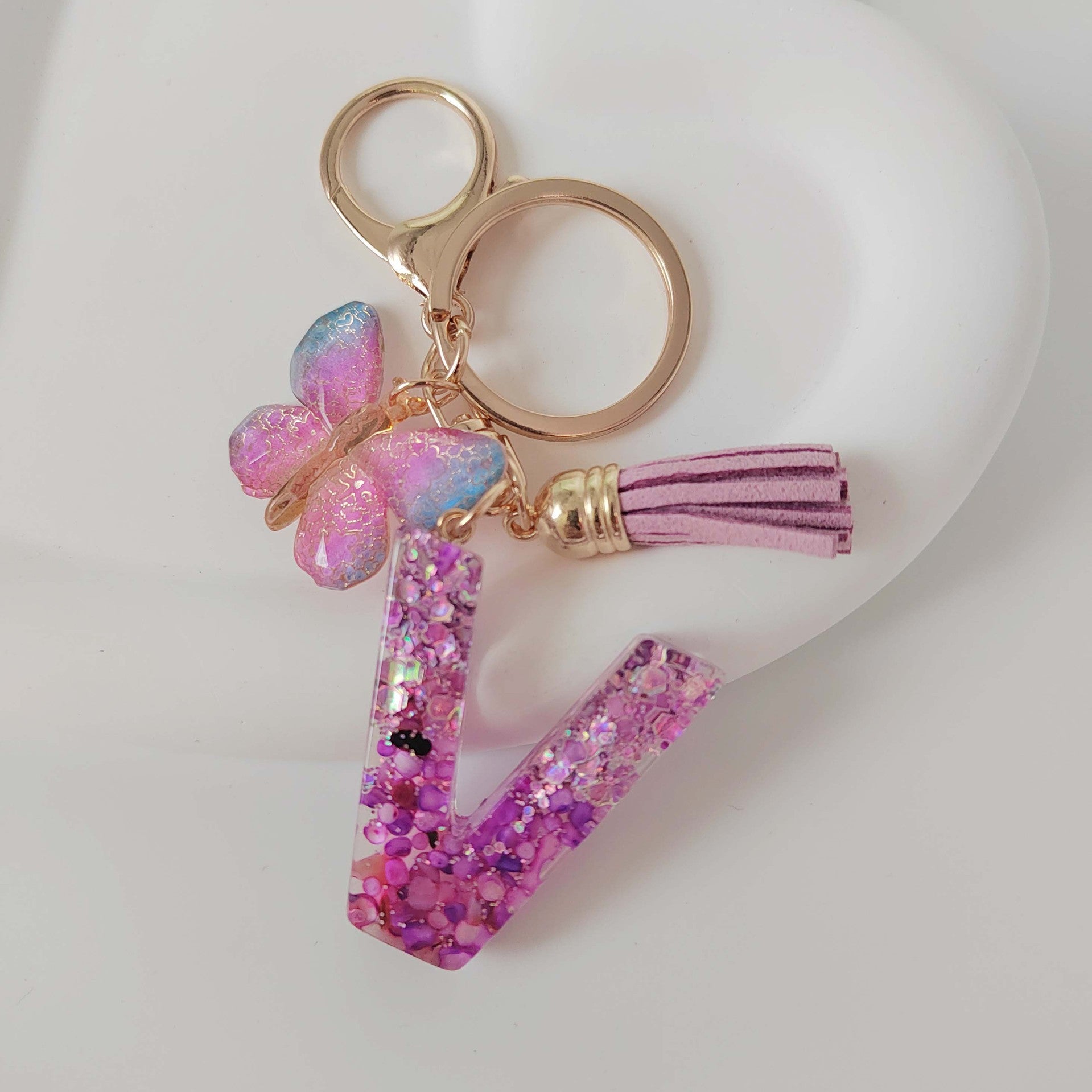 Wholesale Purple Illusion Color Double Glue Letter Glitter Tassel Keychain