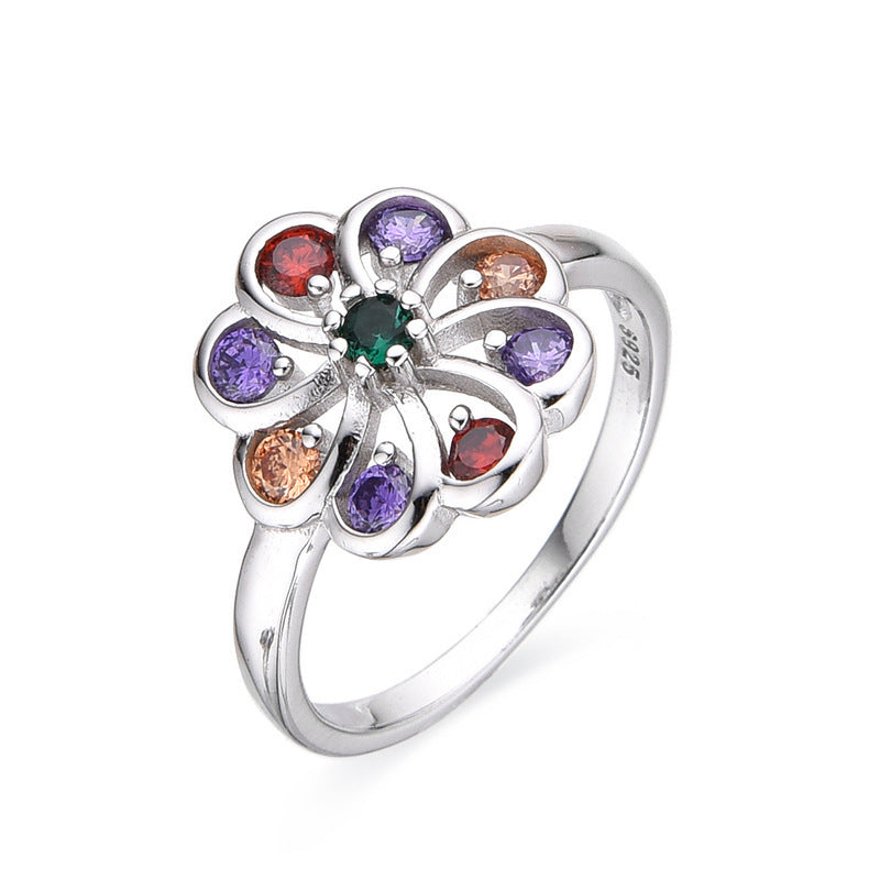 Wholesale Rainbow Micro Inlaid Diamond Flower Ring for Women,  White Copper
