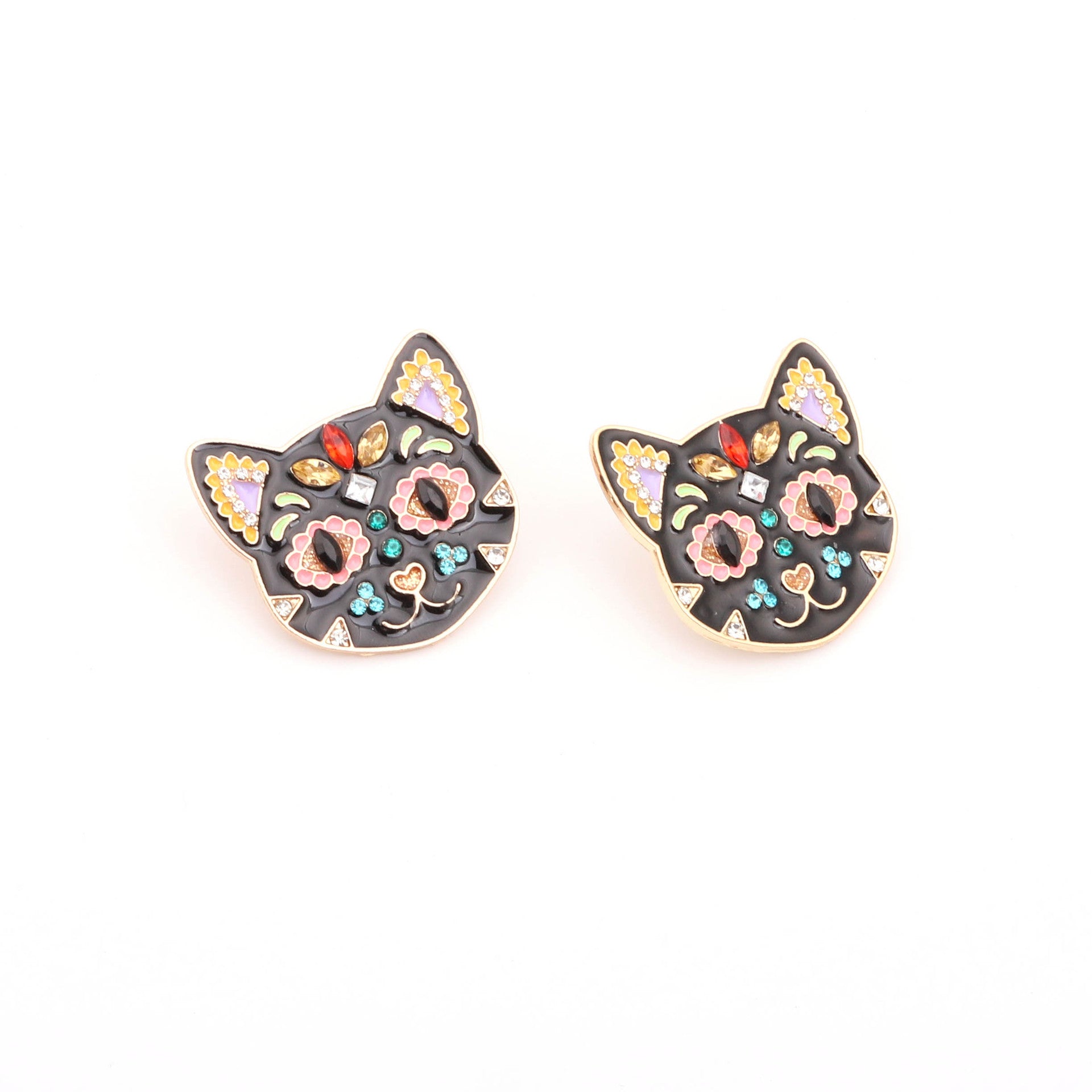 Wholesale Exaggerated Oil-drop Color Black Cat Inlaid with Rhinestone Alloy Earrings