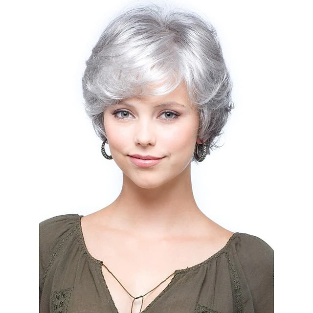 Wholesale Old man's hair wig gradient gray white white wig headpiece ladies short curly synthetic fiber headpiece