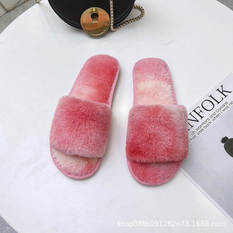 Wholesale Rubber Plush One Word Thin Sole Flat Heel Slippers