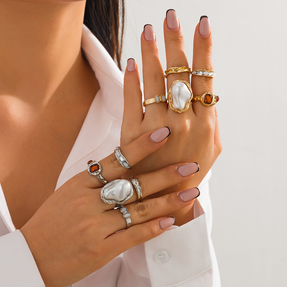 Wholesale  Design Liquid Lava Flower Open Ring Baroque  Pearl Inlaid Gemstone Ring