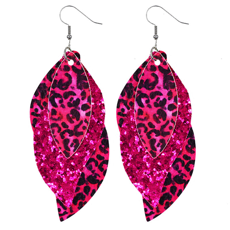 Wholesale S-Shaped Leather Earrings Leopard Print Earrings Sequin Ear Pendants