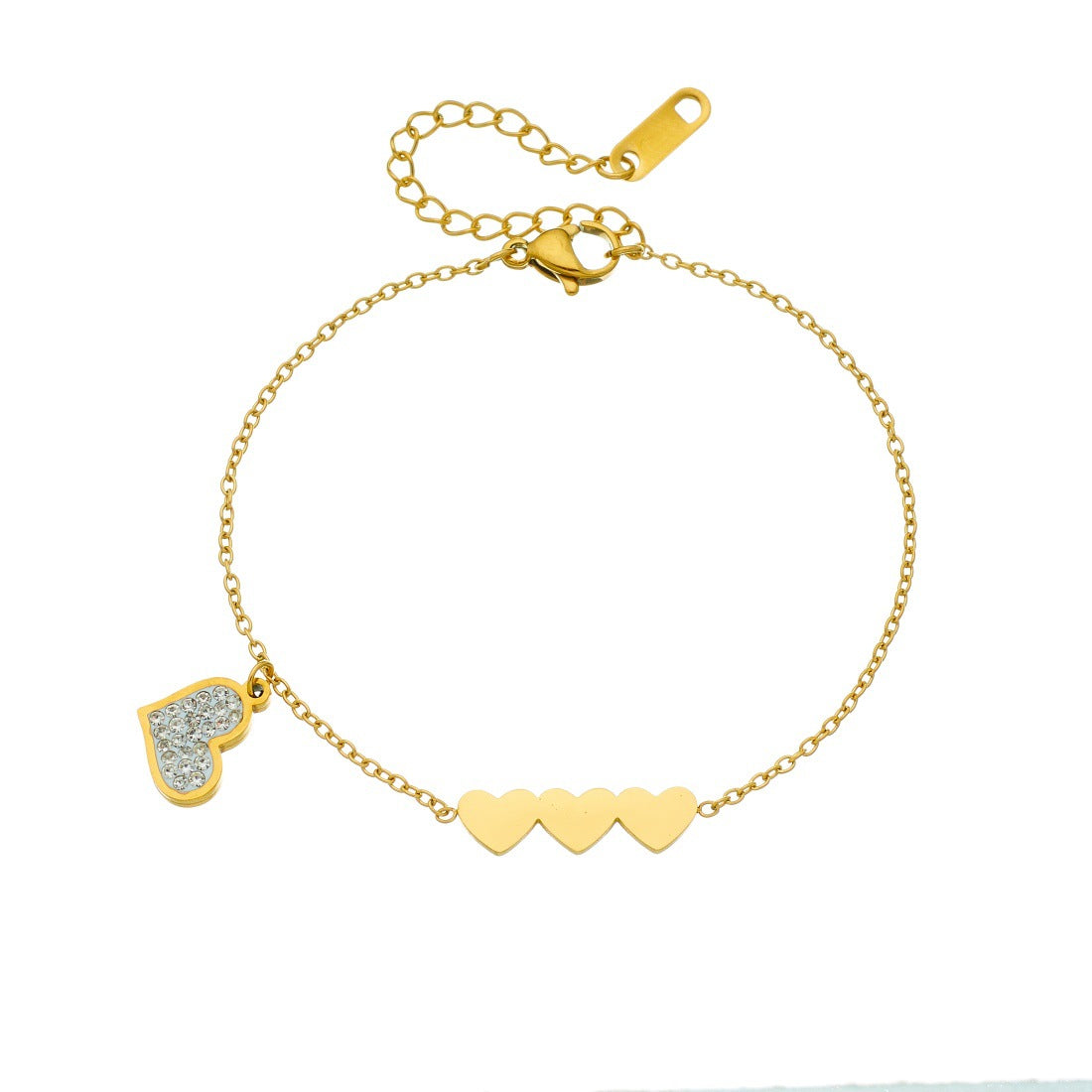 Wholesale Gold-plated Stainless Steel  with Three Heart Charms and Rhinestones Bracelet