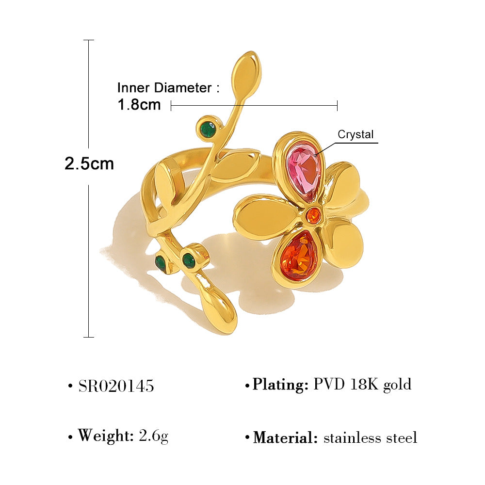 Wholesale rainbow zircon leaf ring women' s 18K gold titanium steel open ring