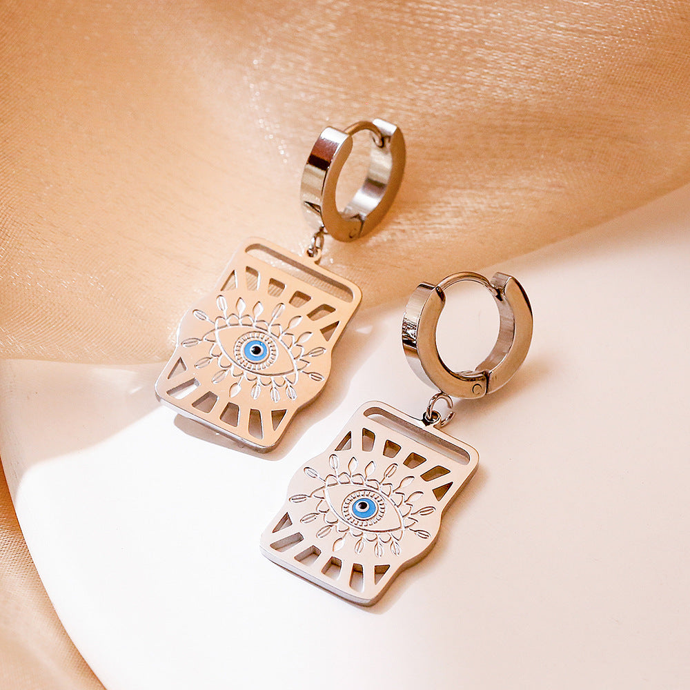 Wholesale Titanium Steel Devil Eye Hollow Square Pendant Earrings