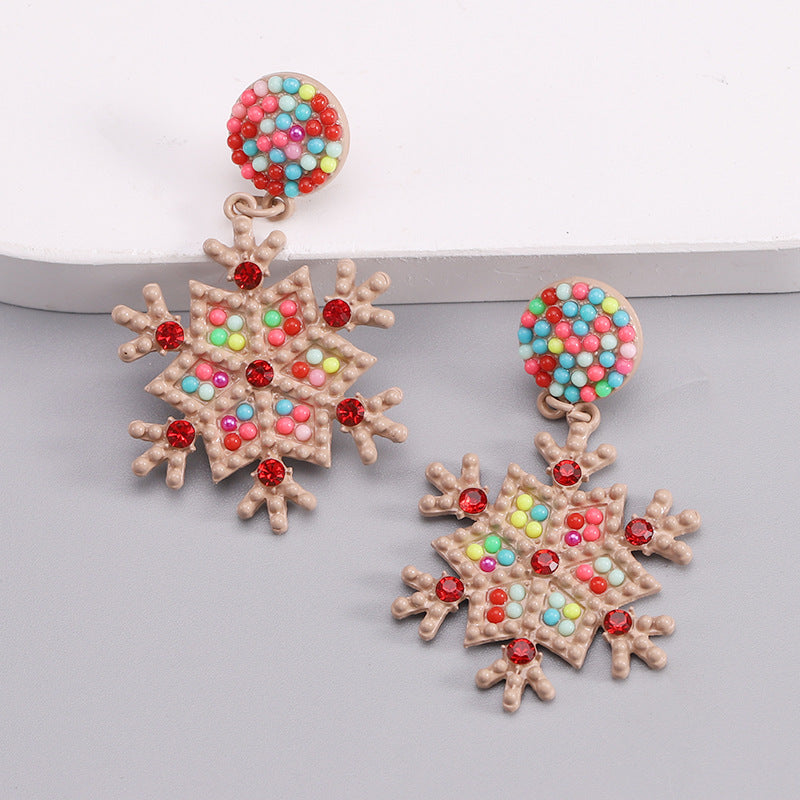 Wholesale Christmas Snowflake Alloy Rice Beads Spray Paint Earrings