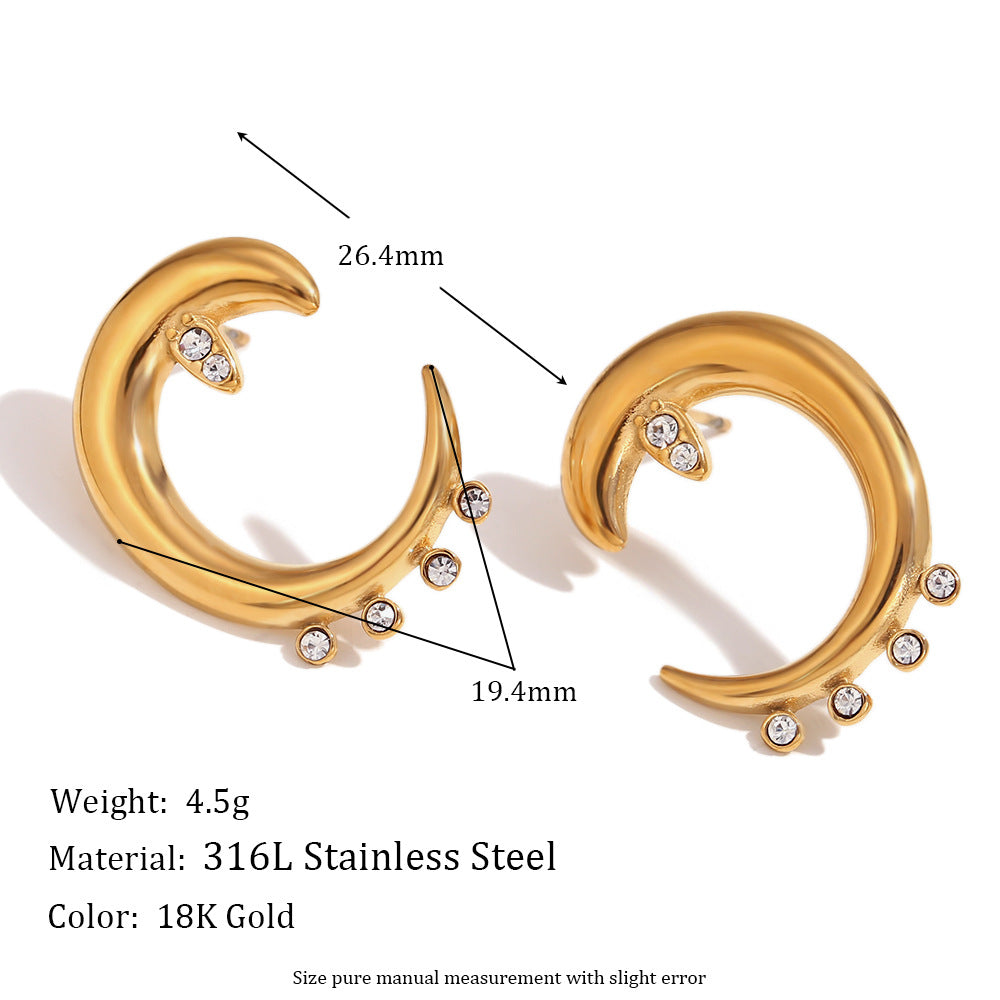 Wholesale Gold micro-inlaid geometric hollow crescent Stainless Steel Earrings