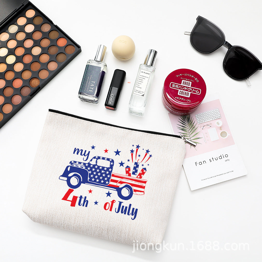 Wholesale Independence Day Waterproof Linen Cosmetic Bag