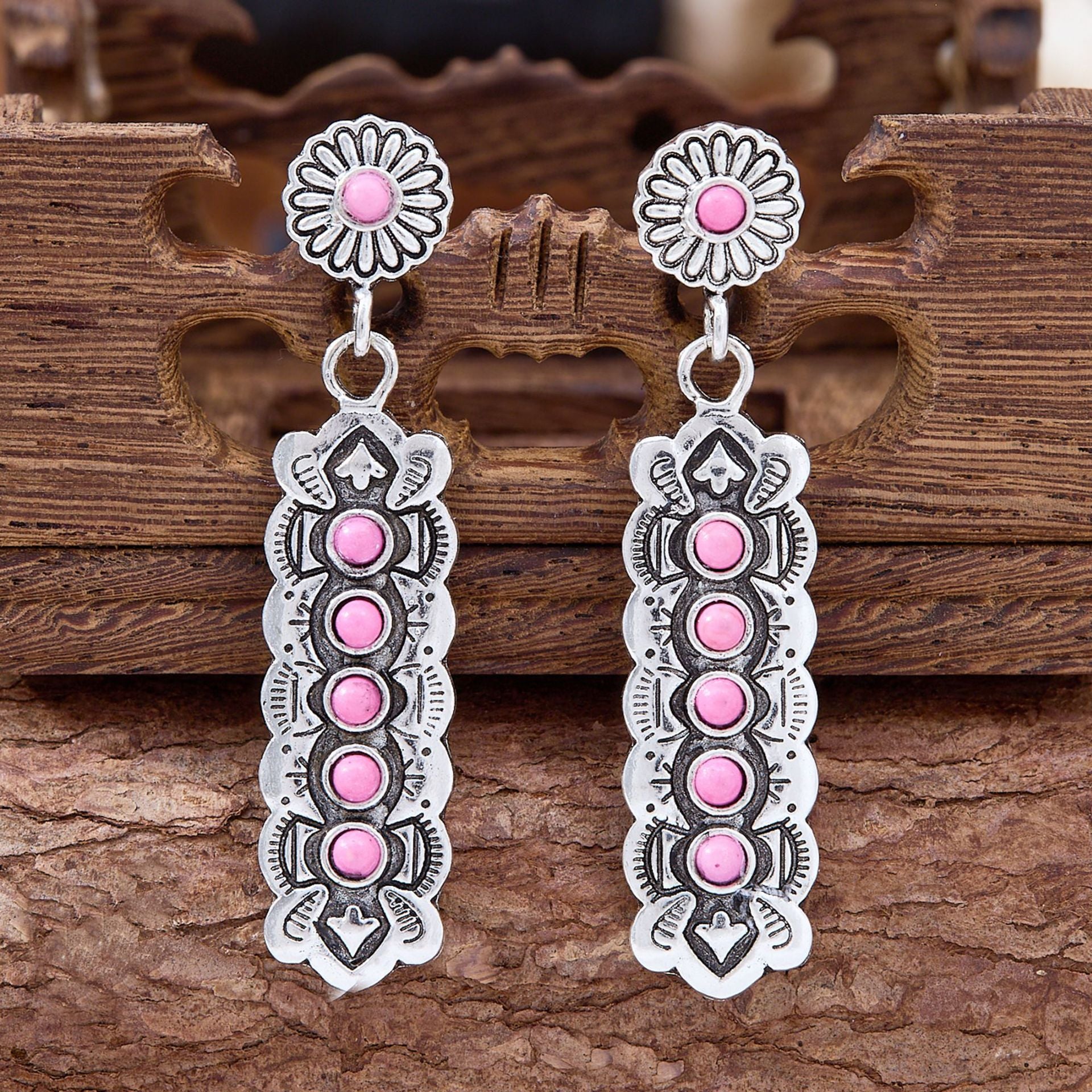 Wholesale Retro Western-style earrings rectangular patterned earrings inlaid  stones