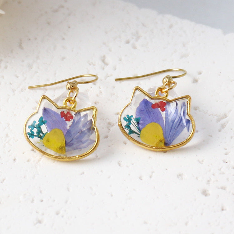 Wholesale New cat head flower earrings color real flower glue French earrings eternal flower jewelry cute gift