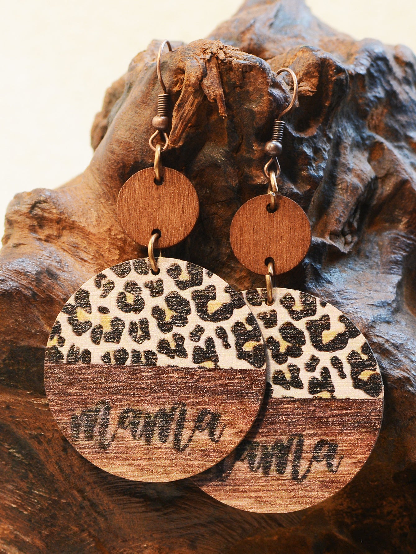 Wholesale Vintage Leopard Print Wood Chip MAMA Round Earrings