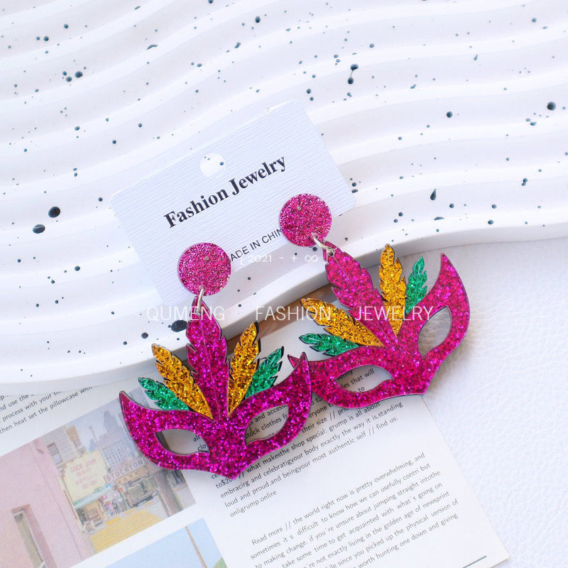 Wholesale Carnival acrylic gold green purple mask party holiday earrings