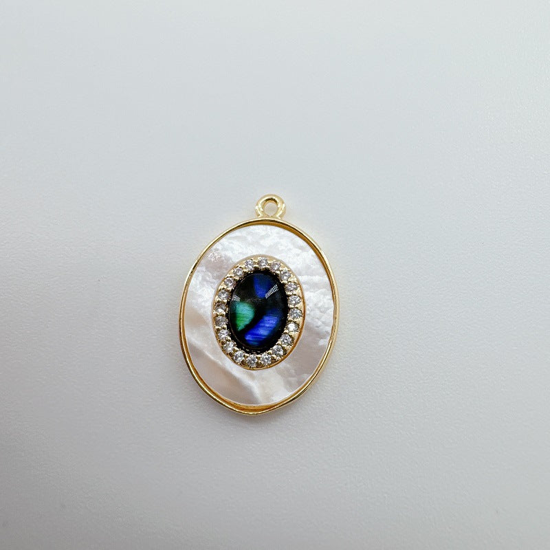 Wholesale 18K Gold Plated Copper Natural White Abalone Butterfly Four Leaf Flower Vintage Oval Pendant