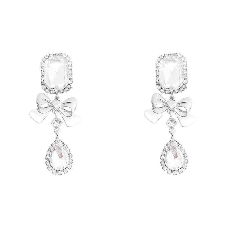 Wholesale exaggerated long tassel full diamond bow square earrings