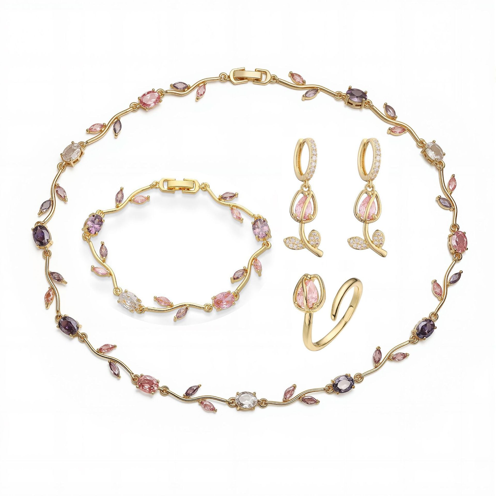 Wholesale Copper Inlaid with Colored Diamonds Leaves and Petals Bracelet