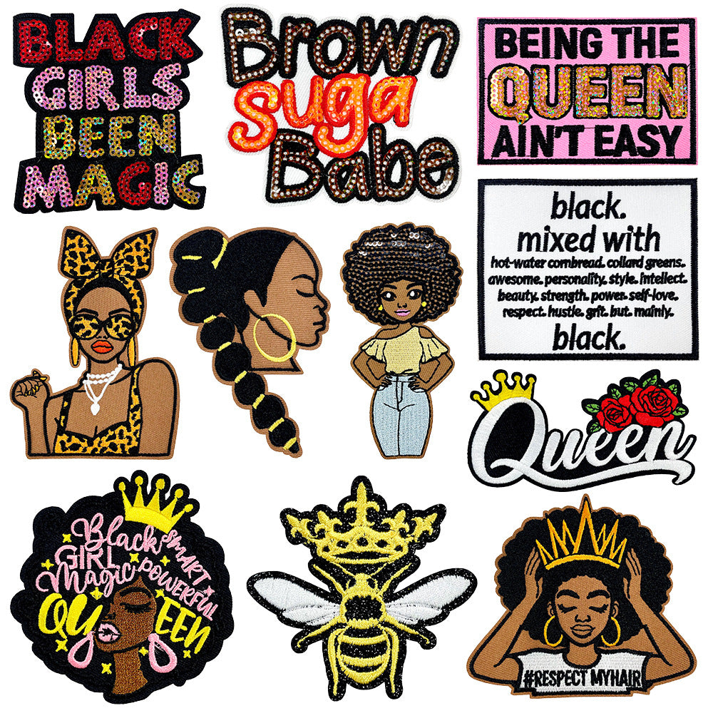 Wholesale Embroidered Iron On Patch Afro Black Girl Leopard Print Letter Design Decorative DIY Craft Supply For Shoes Hats Bags