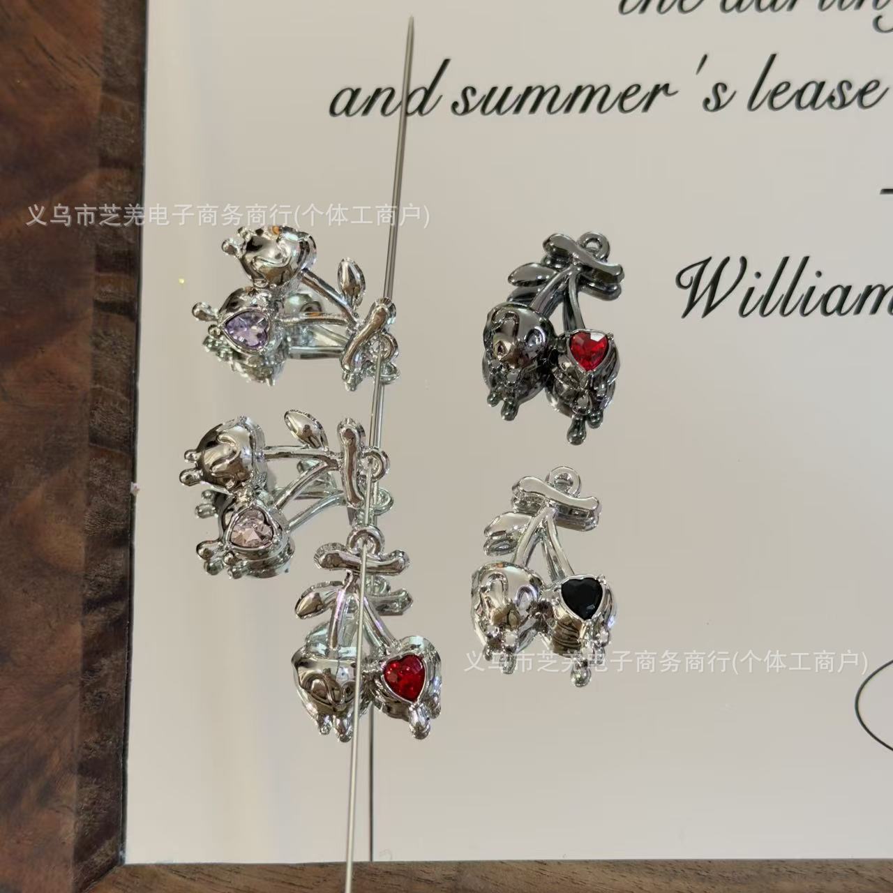 Wholesale 10pcs Metal wind zircon small cherry relief shaped Pendant