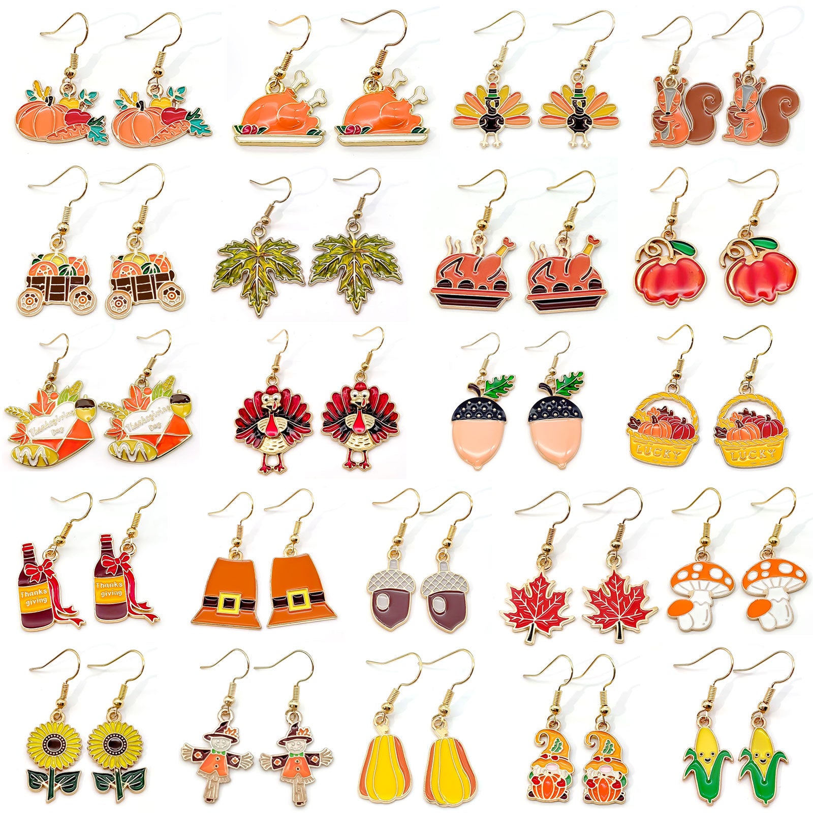 Wholesale Thanksgiving Earrings With Cartoon  Maple Leaf Sunflower Pumpkin Design Zinc Alloy Fall Harvest Jewelry Accessory For Parties