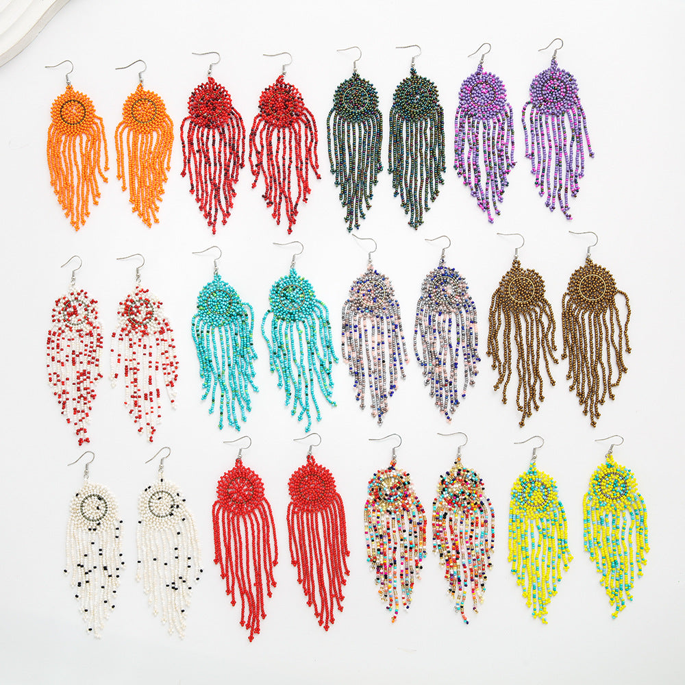 Wholesale Geometric Round Dreamweaver Mesh Rice Beads Tassel Earrings