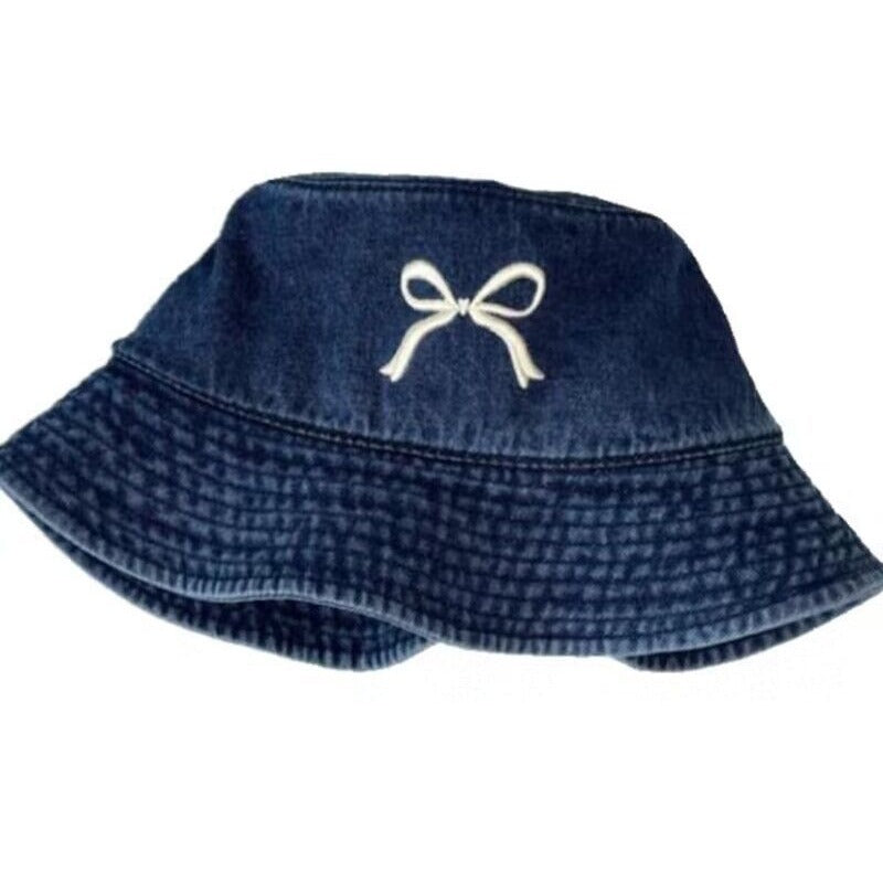 Wholesale Embroidered Bow Distressed Washed Denim Bucket Hat