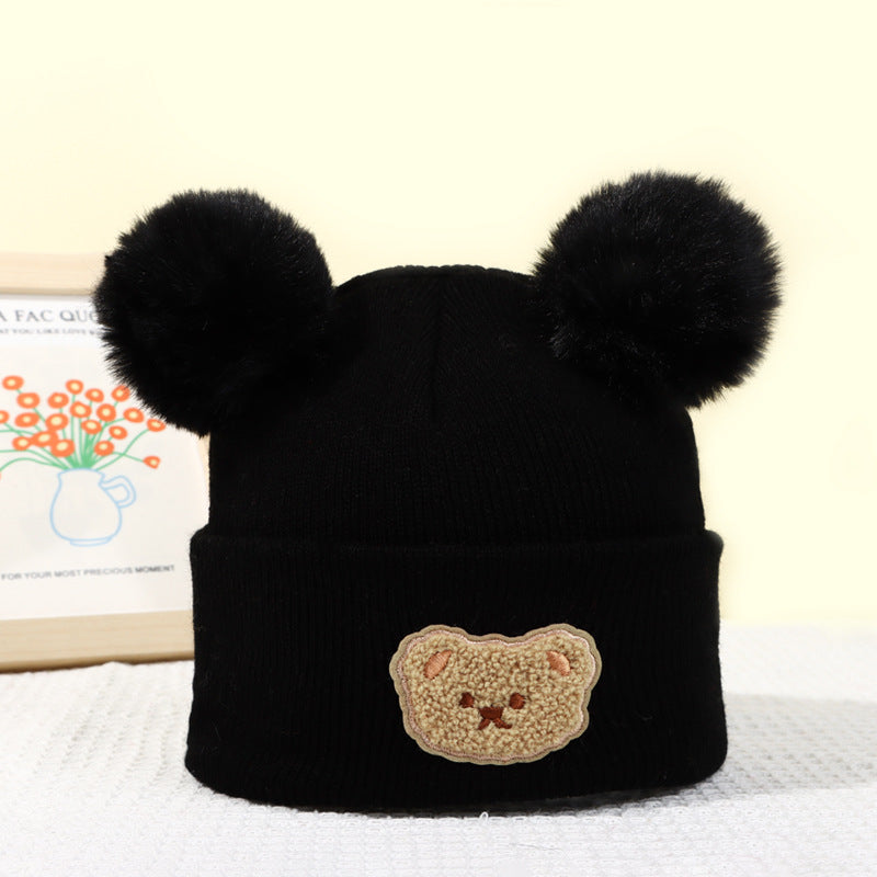 Wholesale Children's Fur Ball Knitted Hat Bear Embroidered Warm Woolen Hat