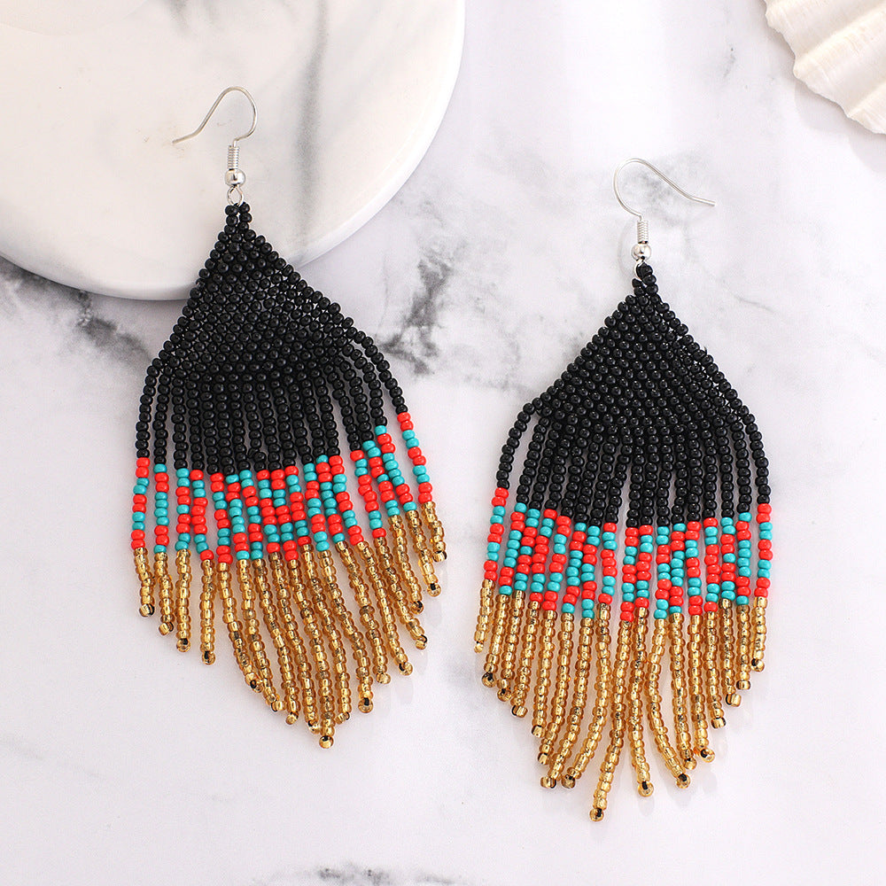 Wholesale Bohemian Handmade Rice Beads Colorful Ethnic Style Tassel Earrings
