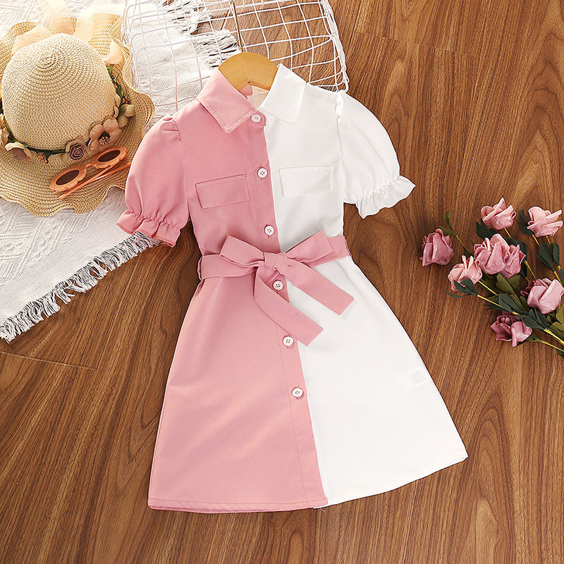 Wholesale Girls Color Block Short Sleeve Shirt Dress