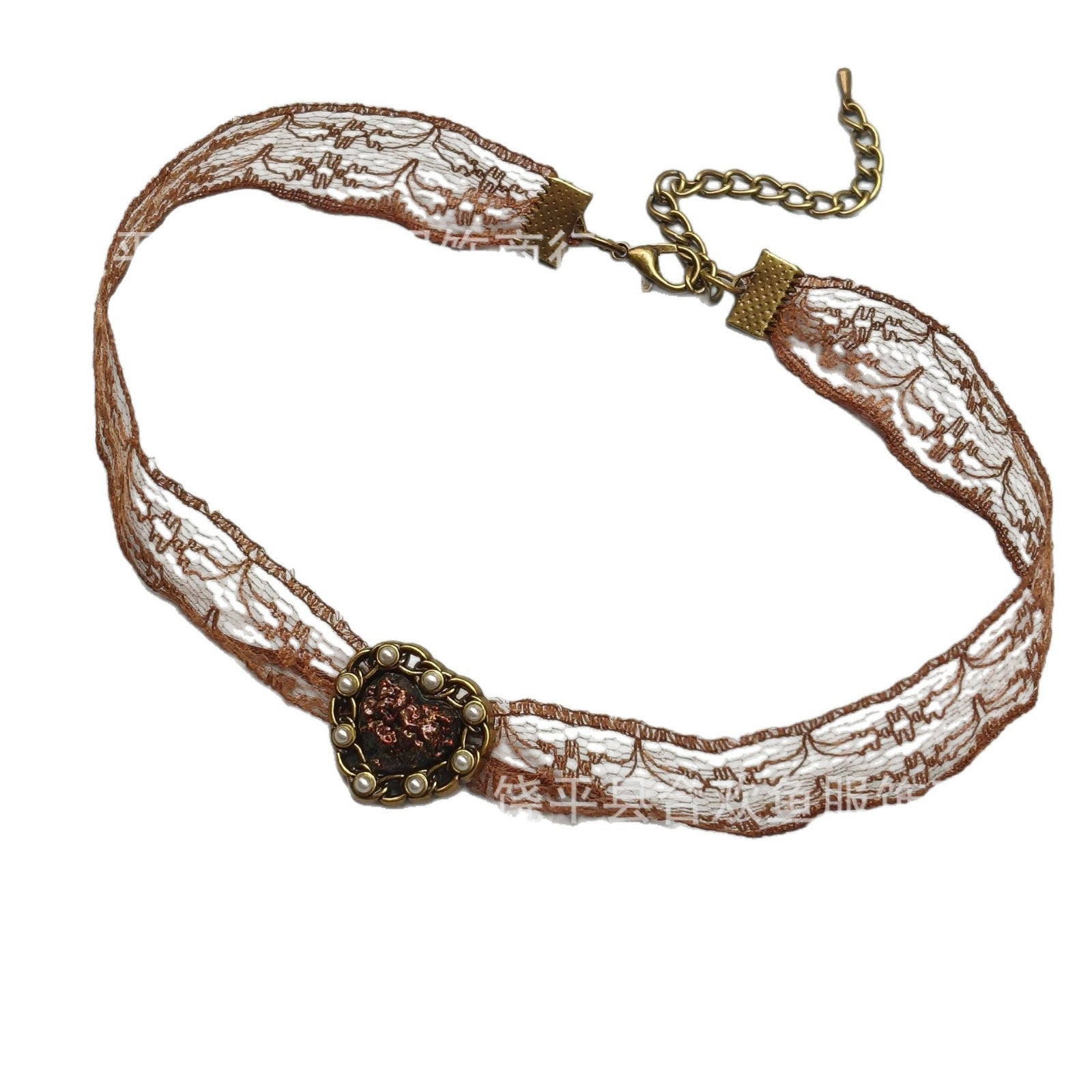Wholesale Coffee colored pearl heart pendant lace short choker necklace
