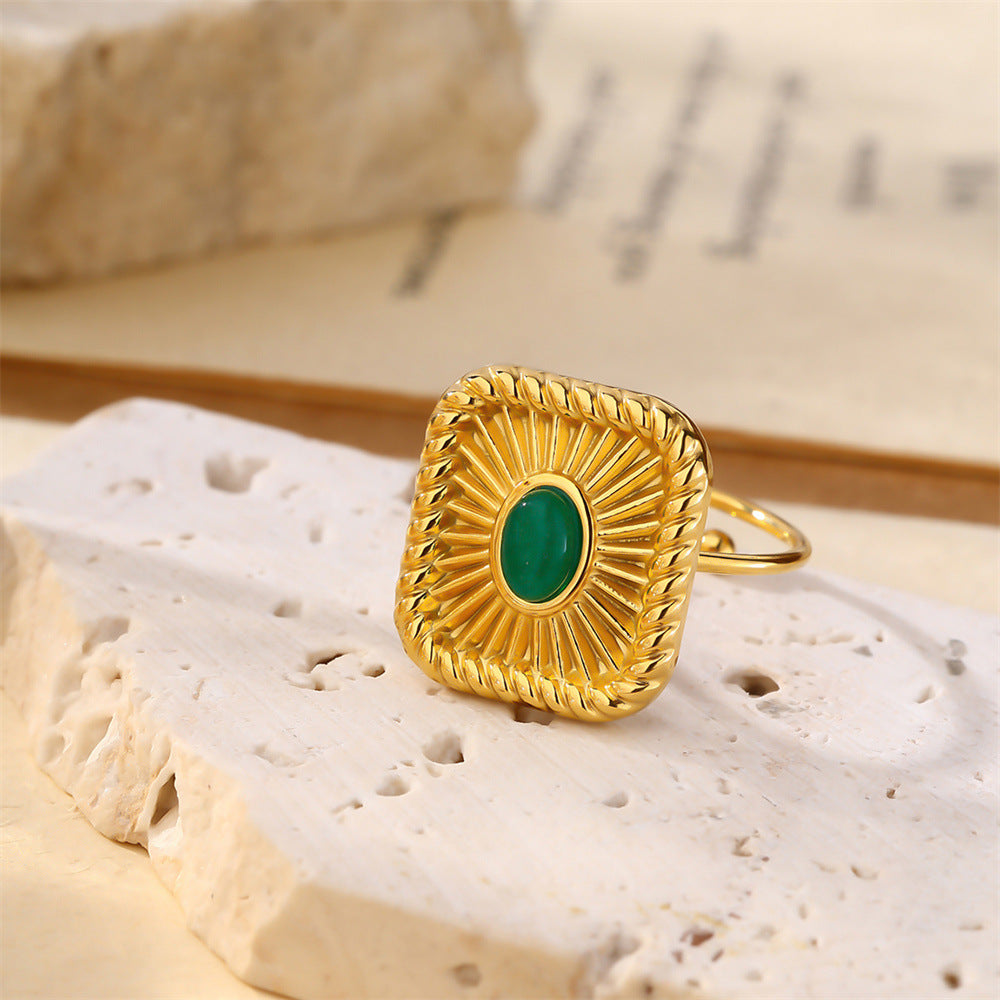 Wholesale 18K Gold Plated Square Turquoise Blue Ring Women S French Vintage Court Style Fashion Accessory