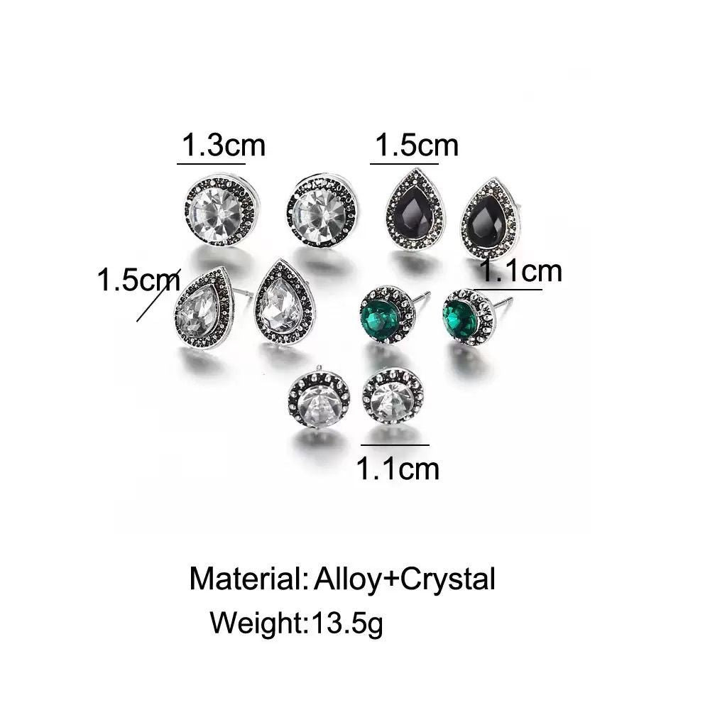 Wholesale 5 Pairs Ancient Silver Zinc Alloy Bohemian Drop Earrings With Zircon And Black Stone Vintage Style Fashion Accessory