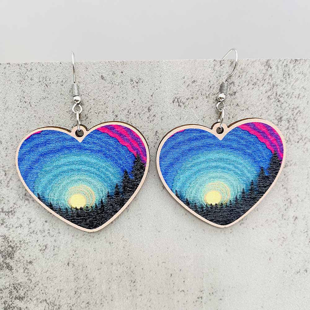 Wholesale Geometric Heart Western Scene Aurora Wooden Earrings