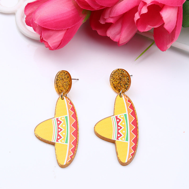 Wholesale Mexican Mariachia Aztec Carnival Hat Violin Color Print Geometric Acrylic Earrings