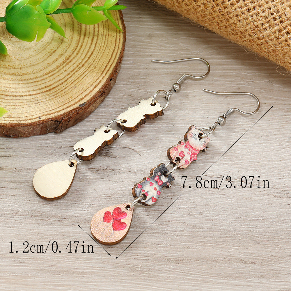 Wholesale Valentine's Day Printed Kitten Water Droplets Wooden Earrings