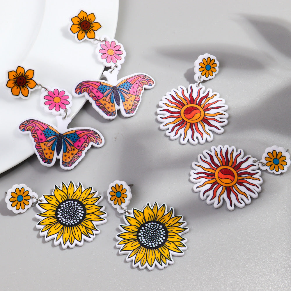 Wholesale Rainbow Print Colorful Butterfly Sunflower Acrylic Earrings