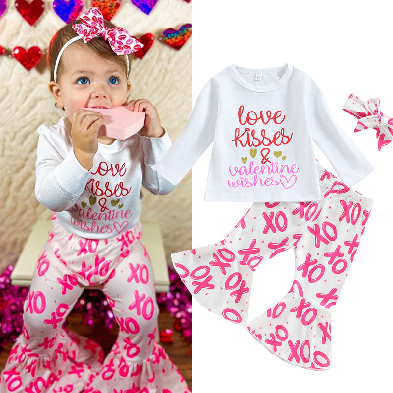 Wholesale Cotton Valentine's Day Long-sleeved Letter Print Tops and Bell-bottom Pants Hair Accessories Three-piece Set