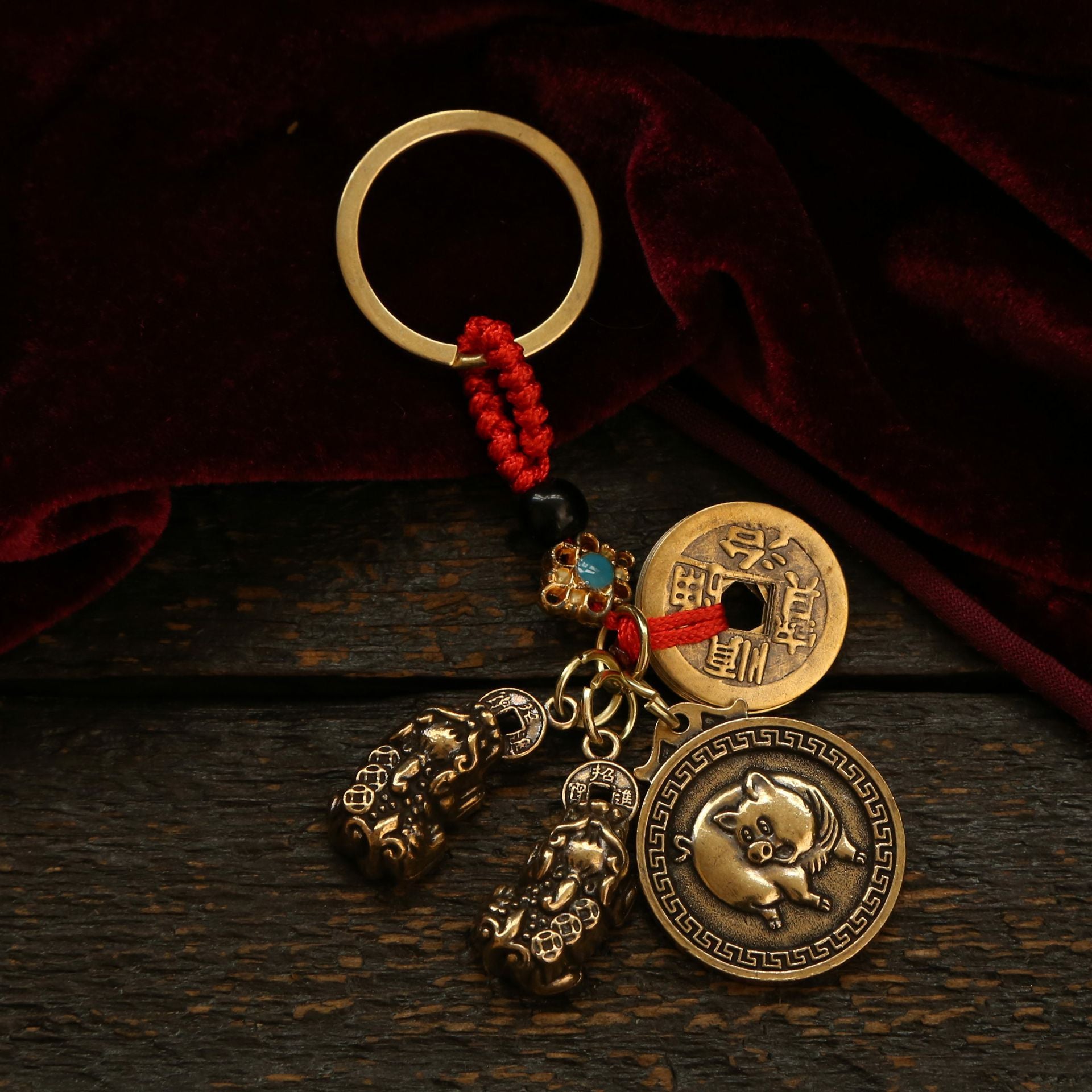 Wholesale Brass Zodiac Fu Brand Double Pixiu Red Rope Key Set
