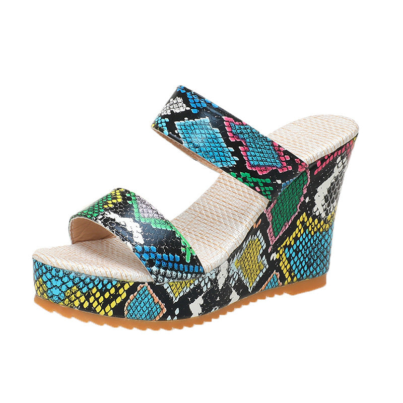 Wholesale Plus size Women's Snake-print Leopard-print Wedge Heel Thick Sandals and Slippers
