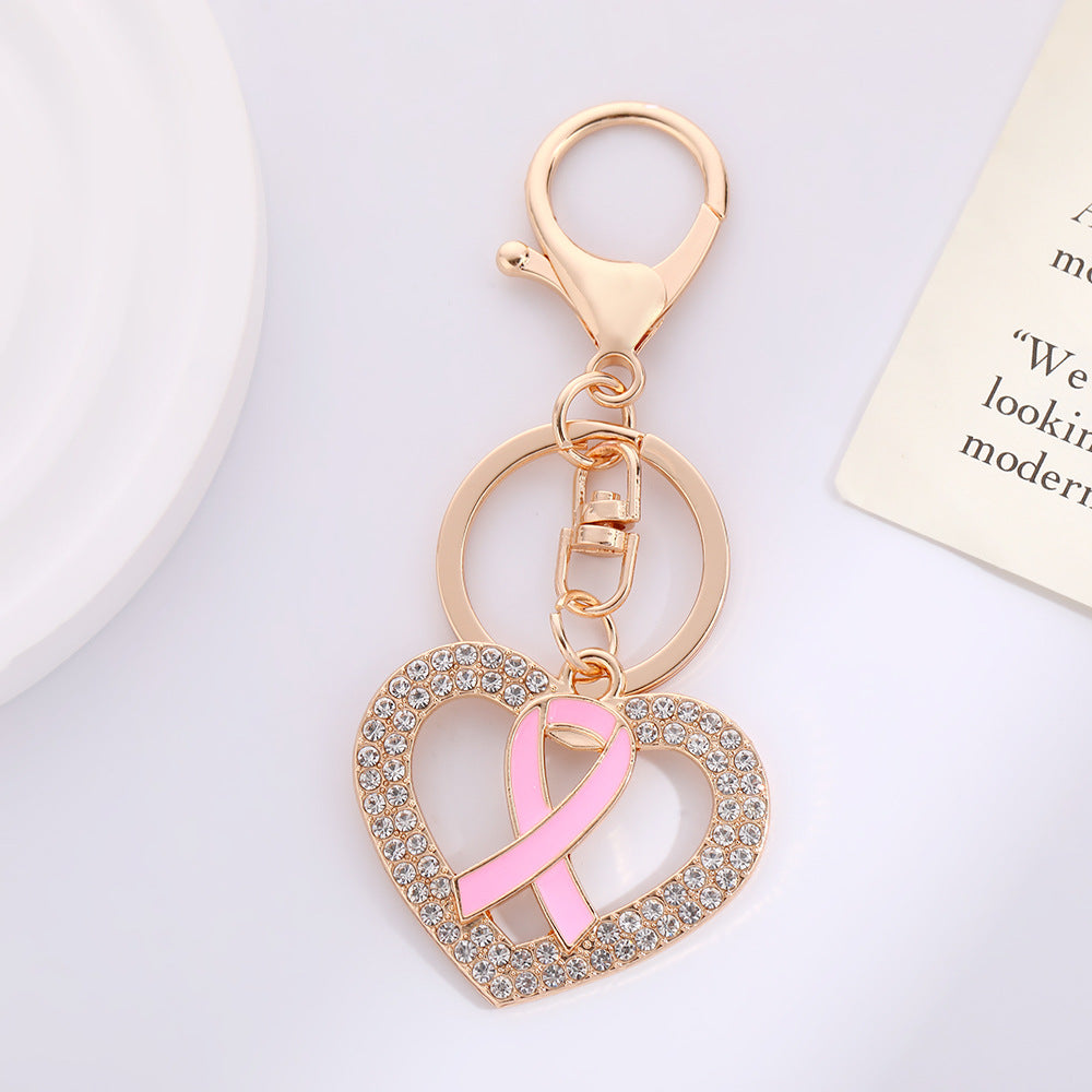 Wholesale Love Pink Ribbon with Water Diamond Metal Keychain
