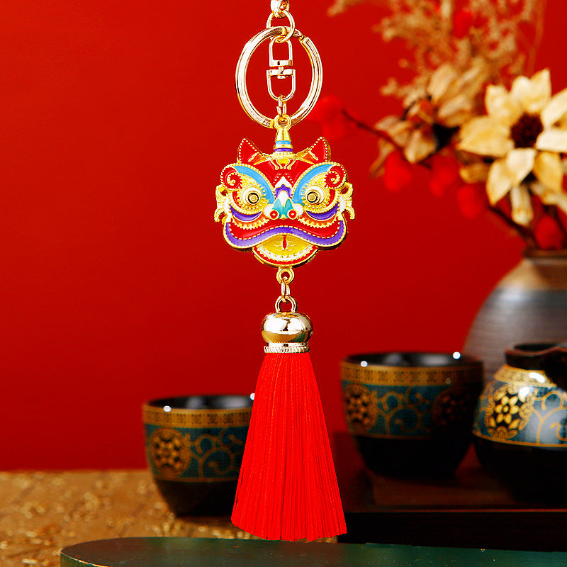 Wholesale Metal Chinese Style Lucky Lion Head Tassel Car Keychain Sapphire Blue Rhinestone Gift For Men Women