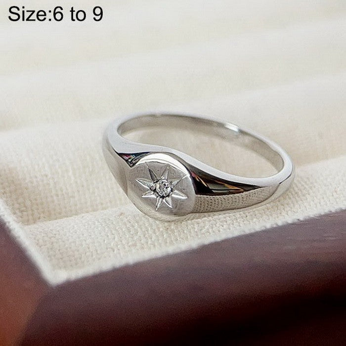 Wholesale Cold Style Oval Polished Diamond Eight-pointed Star Stainless Steel 18K Gold-plated Rings