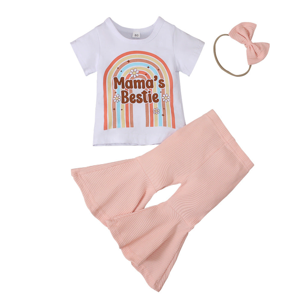 Wholesale Children's MAMA Rainbow Printed Short-sleeved Flared Pants Bow Hair Rope Three-piece Set