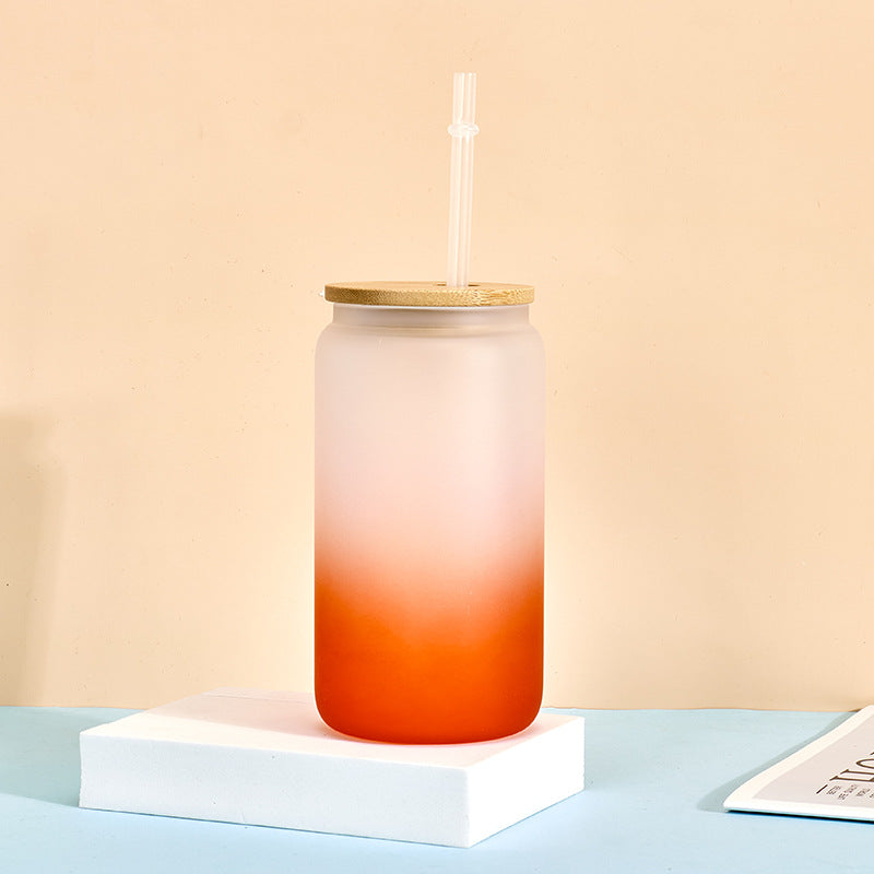 Wholesale Sublimation 16oz Thermal Transfer Frosted Gradient Bamboo Lid Glass